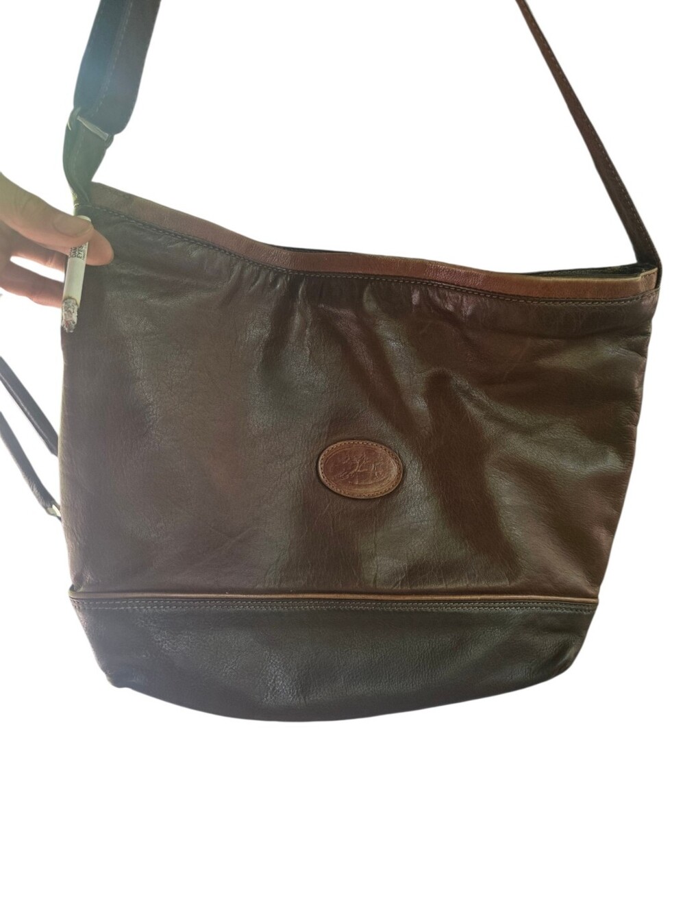 Vintage Brown Leather Shoulder Bag with Logo Patch
